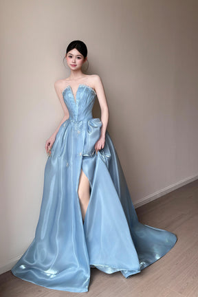 Sky Blue Strapless Beaded Satin Evening Gown High Slit Formal Prom Dress