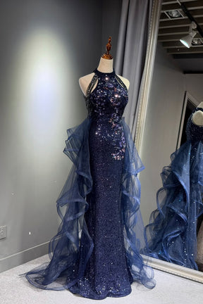 Luxury Navy Blue Sequined Mermaid Prom Dress with Halter Neck and Layered Tulle Skirt