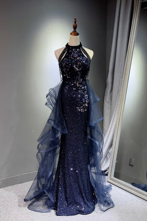 Luxury Navy Blue Sequined Mermaid Prom Dress with Halter Neck and Layered Tulle Skirt