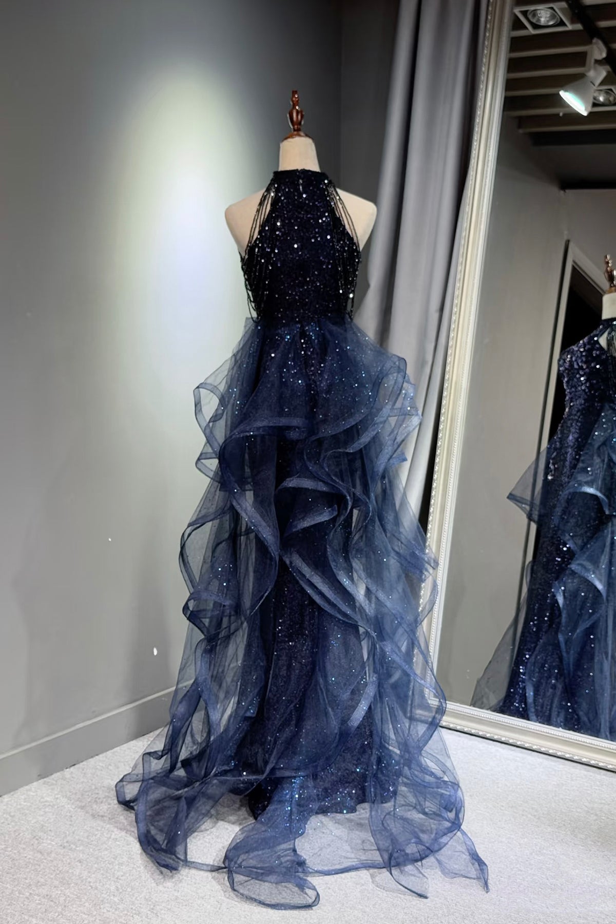 Luxury Navy Blue Sequined Mermaid Prom Dress with Halter Neck and Layered Tulle Skirt