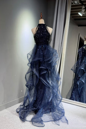Luxury Navy Blue Sequined Mermaid Prom Dress with Halter Neck and Layered Tulle Skirt