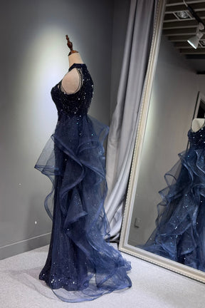 Luxury Navy Blue Sequined Mermaid Prom Dress with Halter Neck and Layered Tulle Skirt