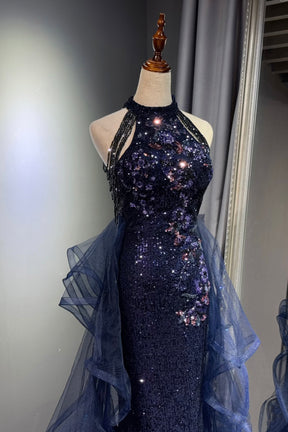 Luxury Navy Blue Sequined Mermaid Prom Dress with Halter Neck and Layered Tulle Skirt