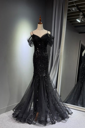 Black Off Shoulder Sequin Mermaid Evening Dress Spaghetti Strap Formal Gown