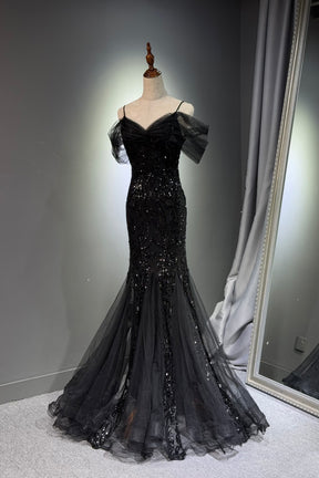 Black Off Shoulder Sequin Mermaid Evening Dress Spaghetti Strap Formal Gown