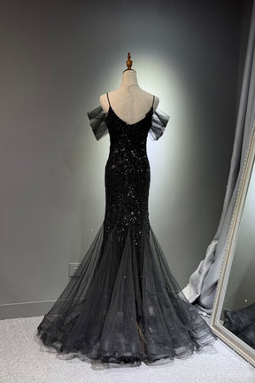 Black Off Shoulder Sequin Mermaid Evening Dress Spaghetti Strap Formal Gown