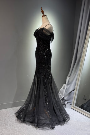 Black Off Shoulder Sequin Mermaid Evening Dress Spaghetti Strap Formal Gown