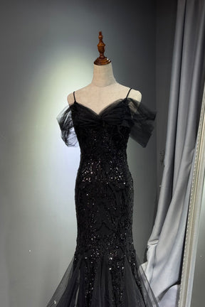 Black Off Shoulder Sequin Mermaid Evening Dress Spaghetti Strap Formal Gown