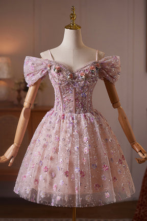 Pink Off Shoulder Floral Sequin A-Line Short Prom Party Dress
