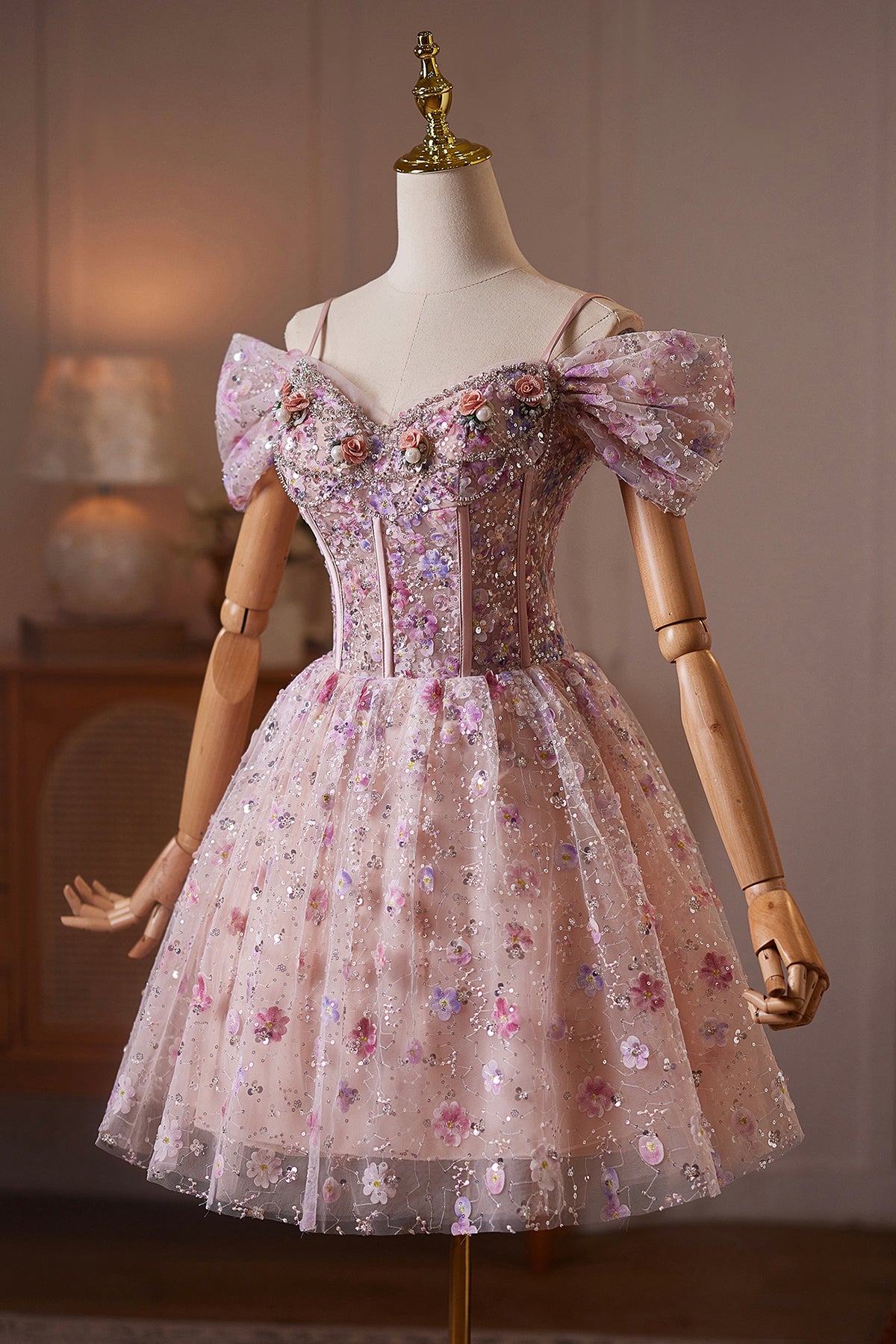 Pink Off Shoulder Floral Sequin A-Line Short Prom Party Dress