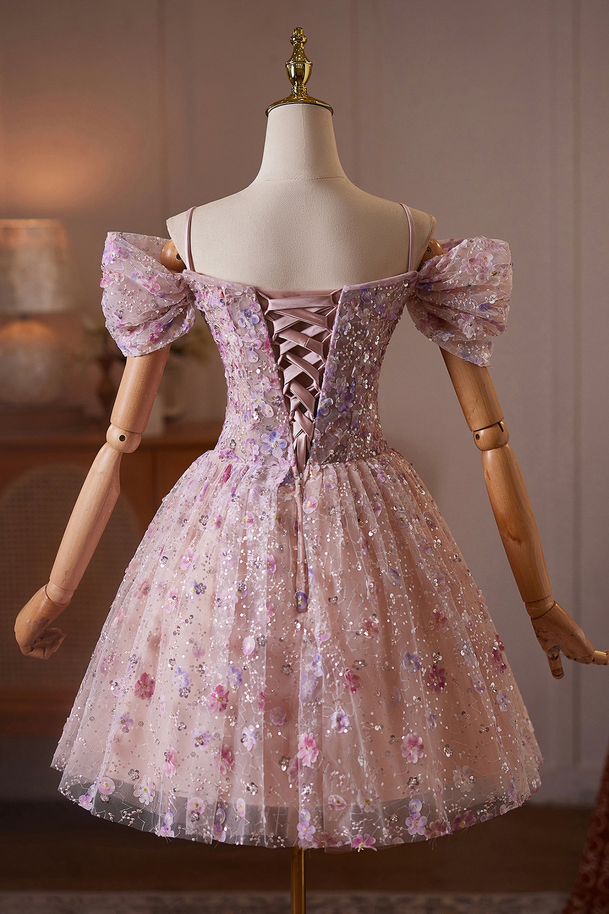 Pink Off Shoulder Floral Sequin A-Line Short Prom Party Dress