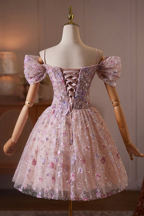 Pink Off Shoulder Floral Sequin A-Line Short Prom Party Dress