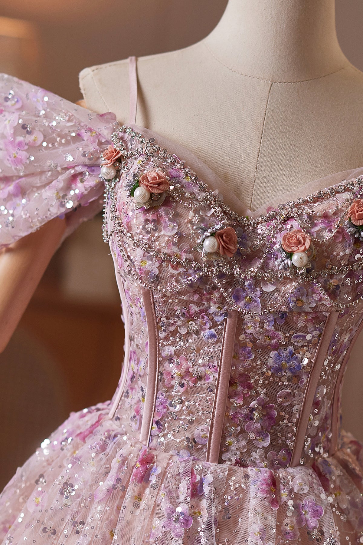 Pink Floral Off Shoulder Corset A-Line Prom Dress with Sequins