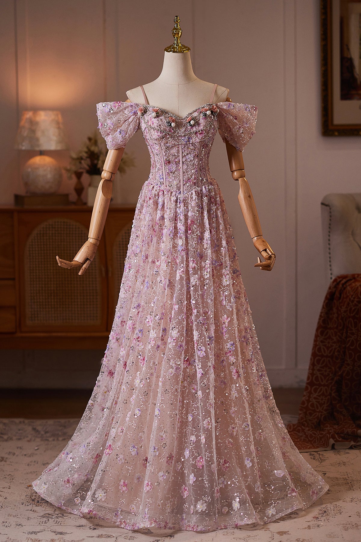 Pink Floral Off Shoulder Corset A-Line Prom Dress with Sequins