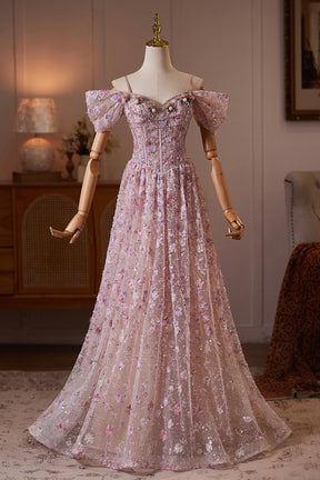 Pink Floral Off Shoulder Corset A-Line Prom Dress with Sequins