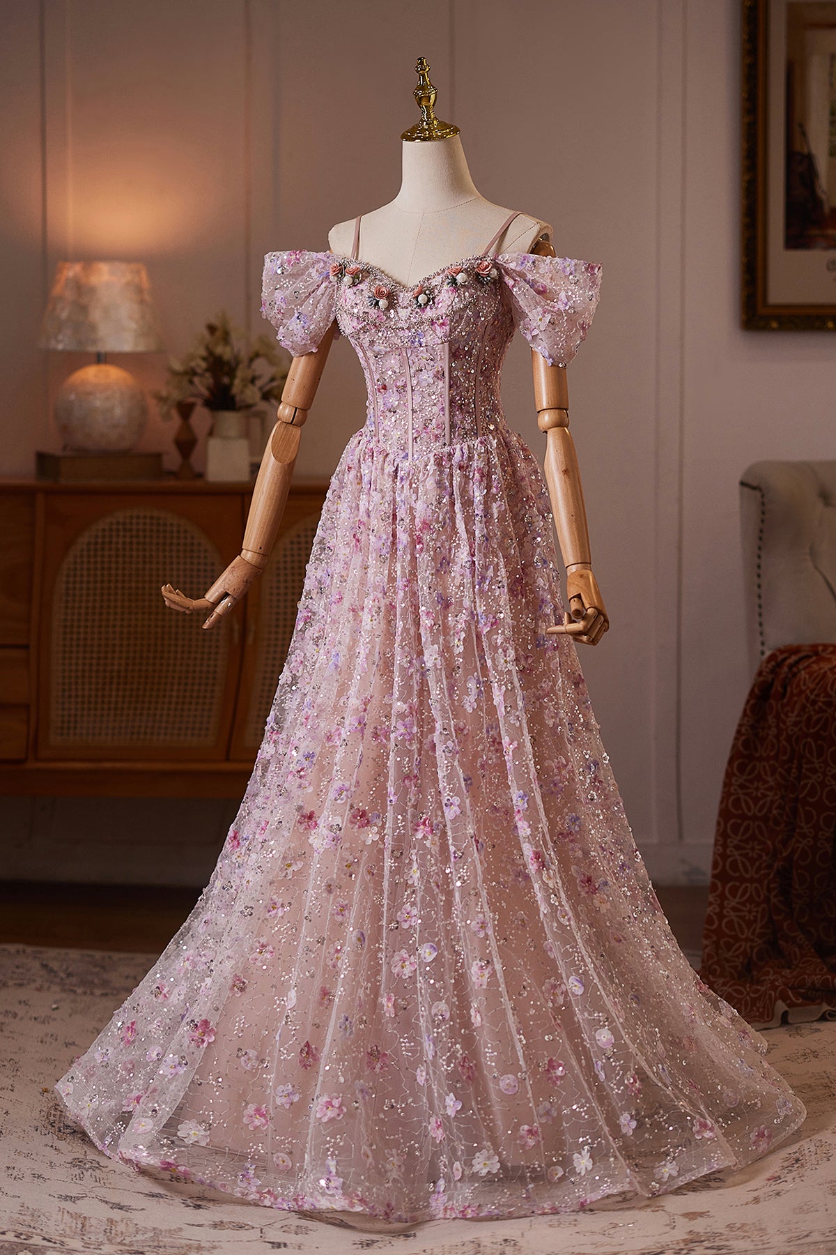 Pink Floral Off Shoulder Corset A-Line Prom Dress with Sequins