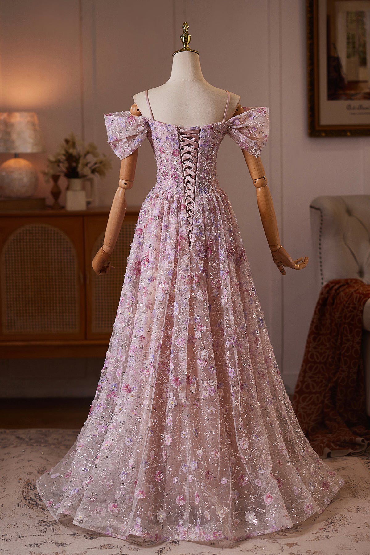 Pink Floral Off Shoulder Corset A-Line Prom Dress with Sequins
