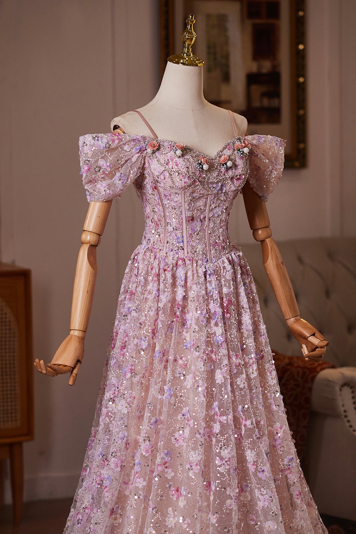 Pink Floral Off Shoulder Corset A-Line Prom Dress with Sequins