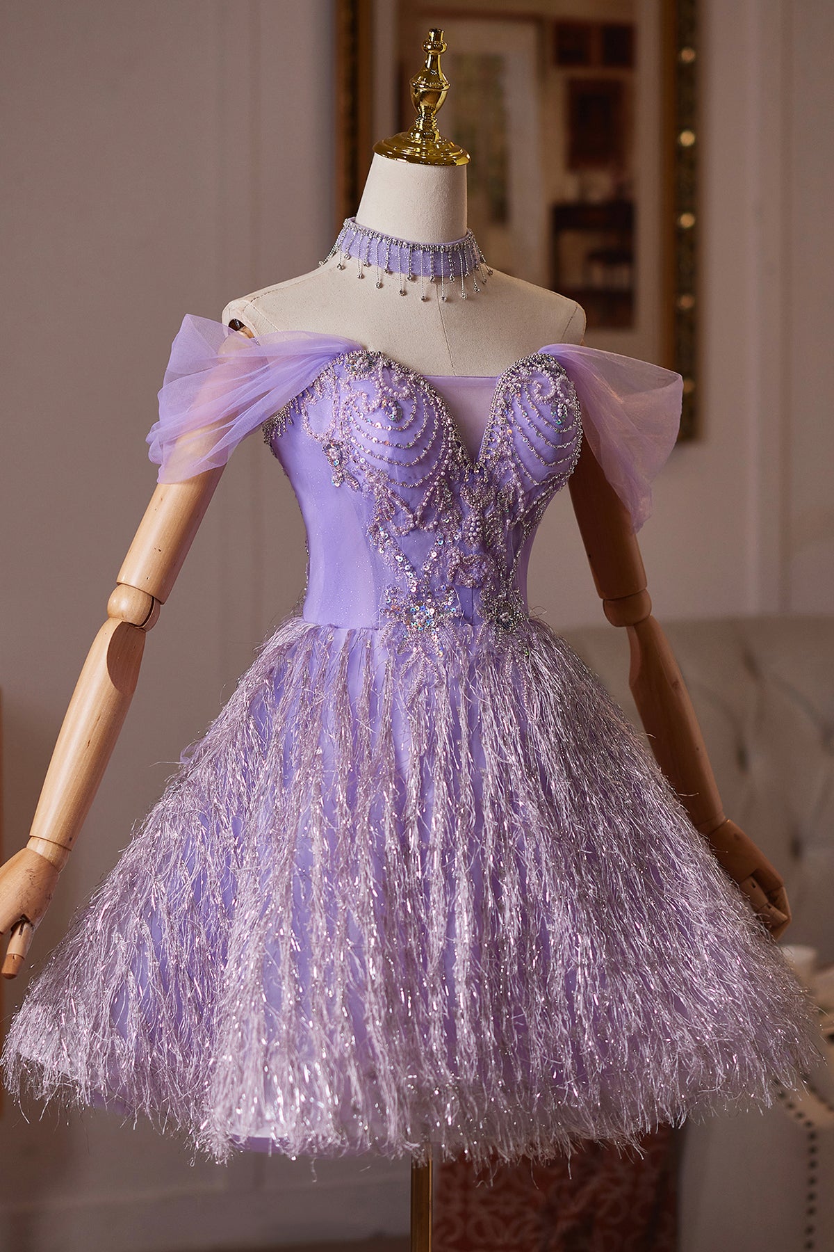 Purple Tulle Off-the-Shoulder Homecoming Party Dress with Crystal Beading