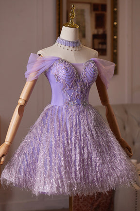 Purple Tulle Off-the-Shoulder Homecoming Party Dress with Crystal Beading