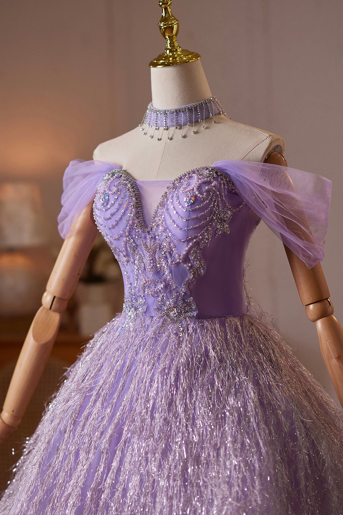 Purple Tulle Off-the-Shoulder Homecoming Party Dress with Crystal Beading