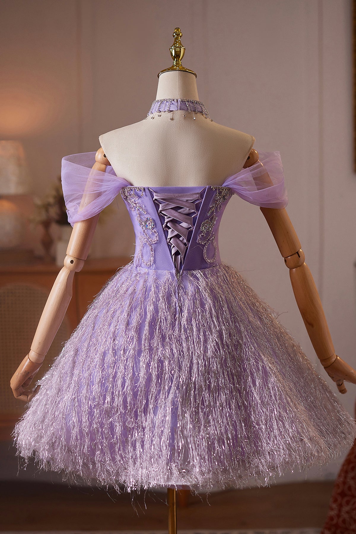 Purple Tulle Off-the-Shoulder Homecoming Party Dress with Crystal Beading