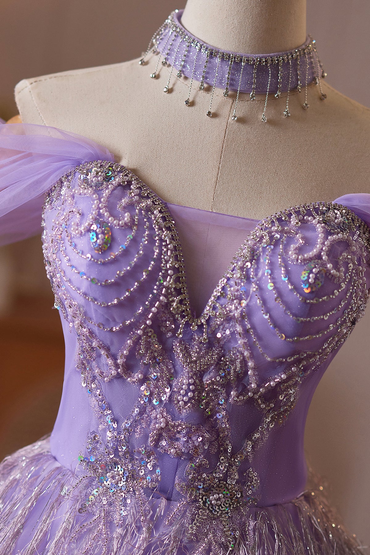 Purple Tulle Off-the-Shoulder Long Prom Party Dress with Crystal Beading