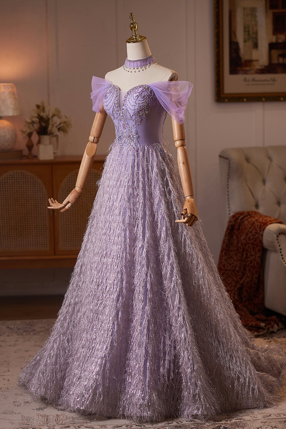 Purple Tulle Off-the-Shoulder Long Prom Party Dress with Crystal Beading