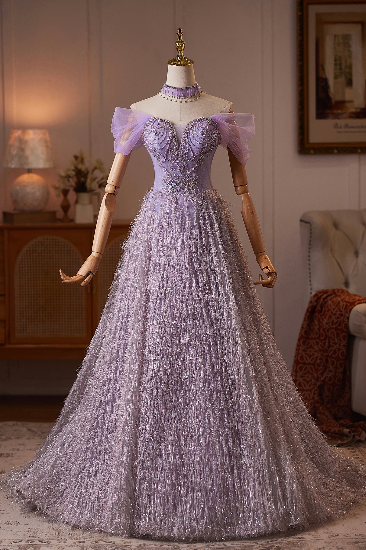 Purple Tulle Off-the-Shoulder Long Prom Party Dress with Crystal Beading