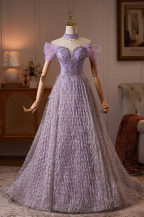 Purple Tulle Off-the-Shoulder Long Prom Party Dress with Crystal Beading