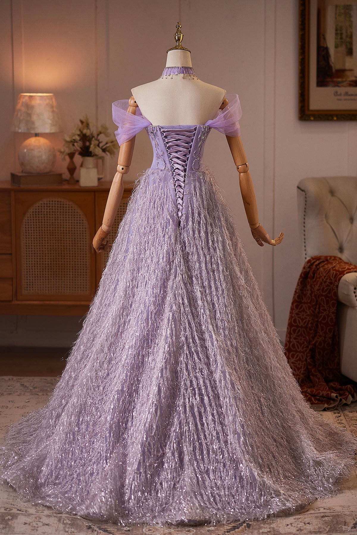 Purple Tulle Off-the-Shoulder Long Prom Party Dress with Crystal Beading