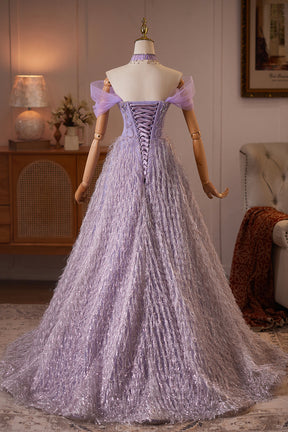 Purple Tulle Off-the-Shoulder Long Prom Party Dress with Crystal Beading