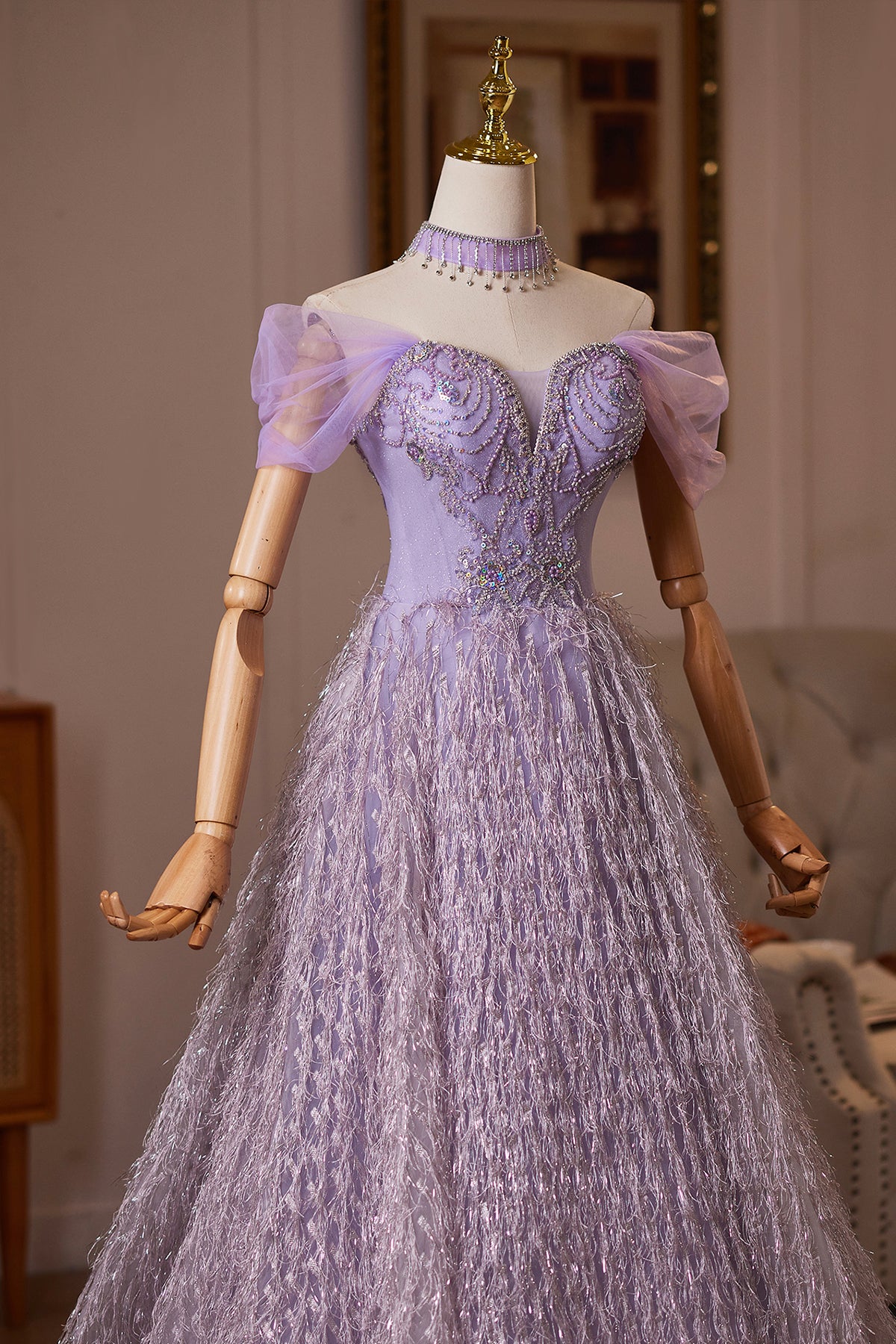 Purple Tulle Off-the-Shoulder Long Prom Party Dress with Crystal Beading