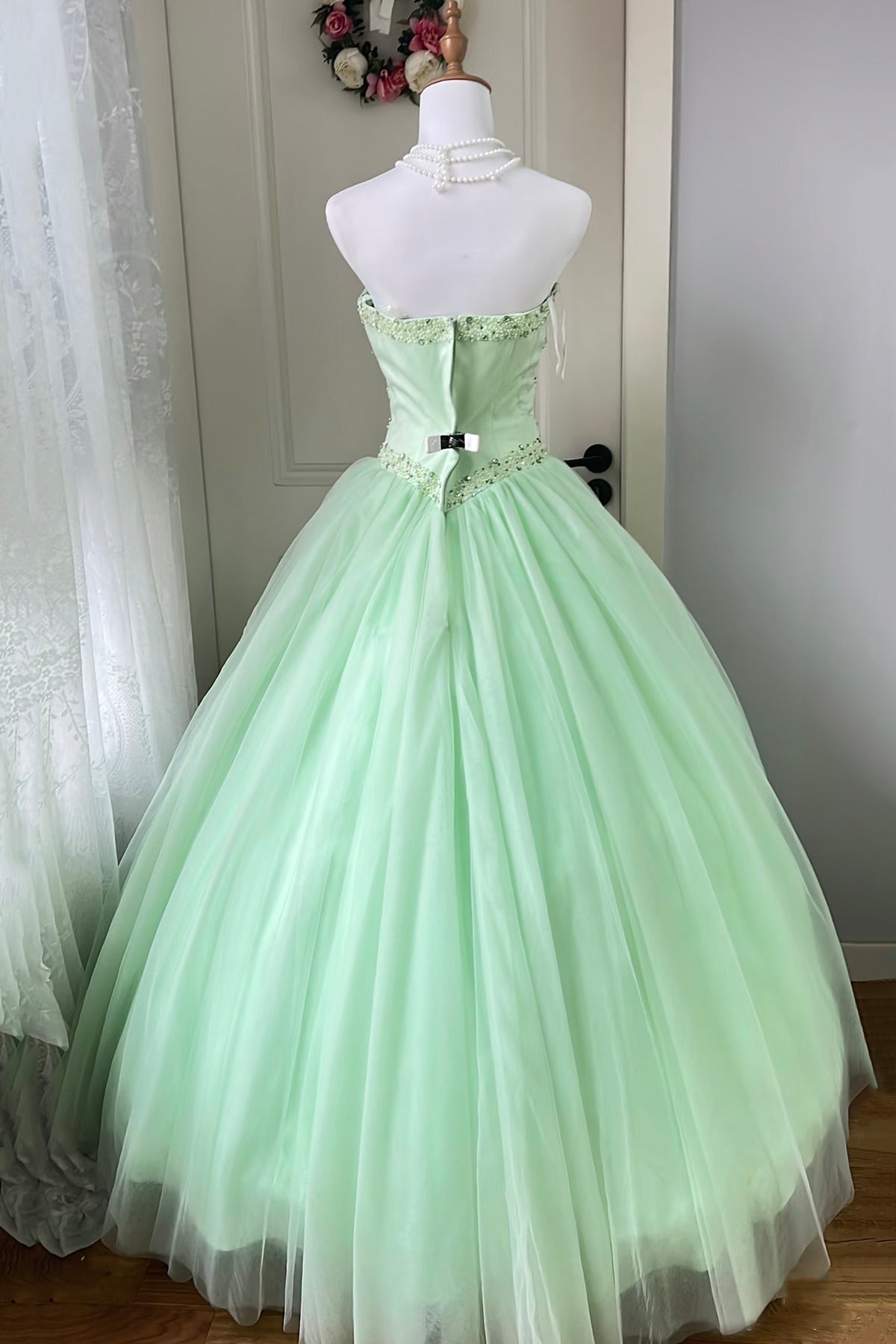 Strapless Mint Green Tulle Ball Gown with Beaded Bodice