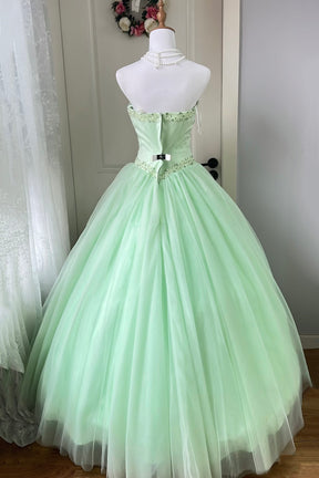 Strapless Mint Green Tulle Ball Gown with Beaded Bodice