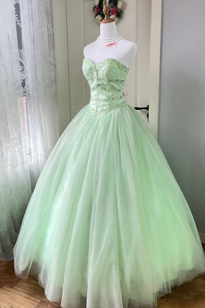 Strapless Mint Green Tulle Ball Gown with Beaded Bodice