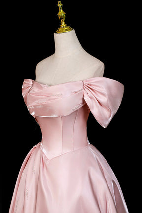 Pink Satin Off-the-Shoulder Formal Evening Dress with Bow Detail