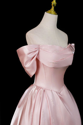 Pink Satin Off-the-Shoulder Formal Evening Dress with Bow Detail
