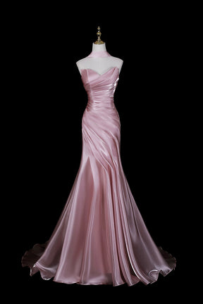 Dusty Pink Satin Off-the-Shoulder Mermaid Evening Gown with Train