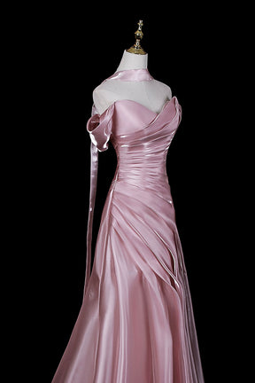 Dusty Pink Satin Off-the-Shoulder Mermaid Evening Gown with Train