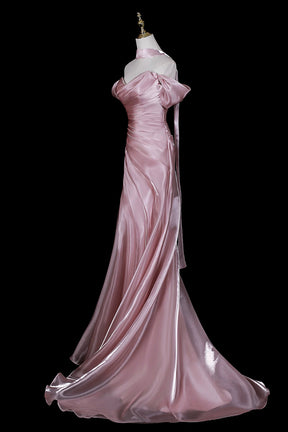 Dusty Pink Satin Off-the-Shoulder Mermaid Evening Gown with Train
