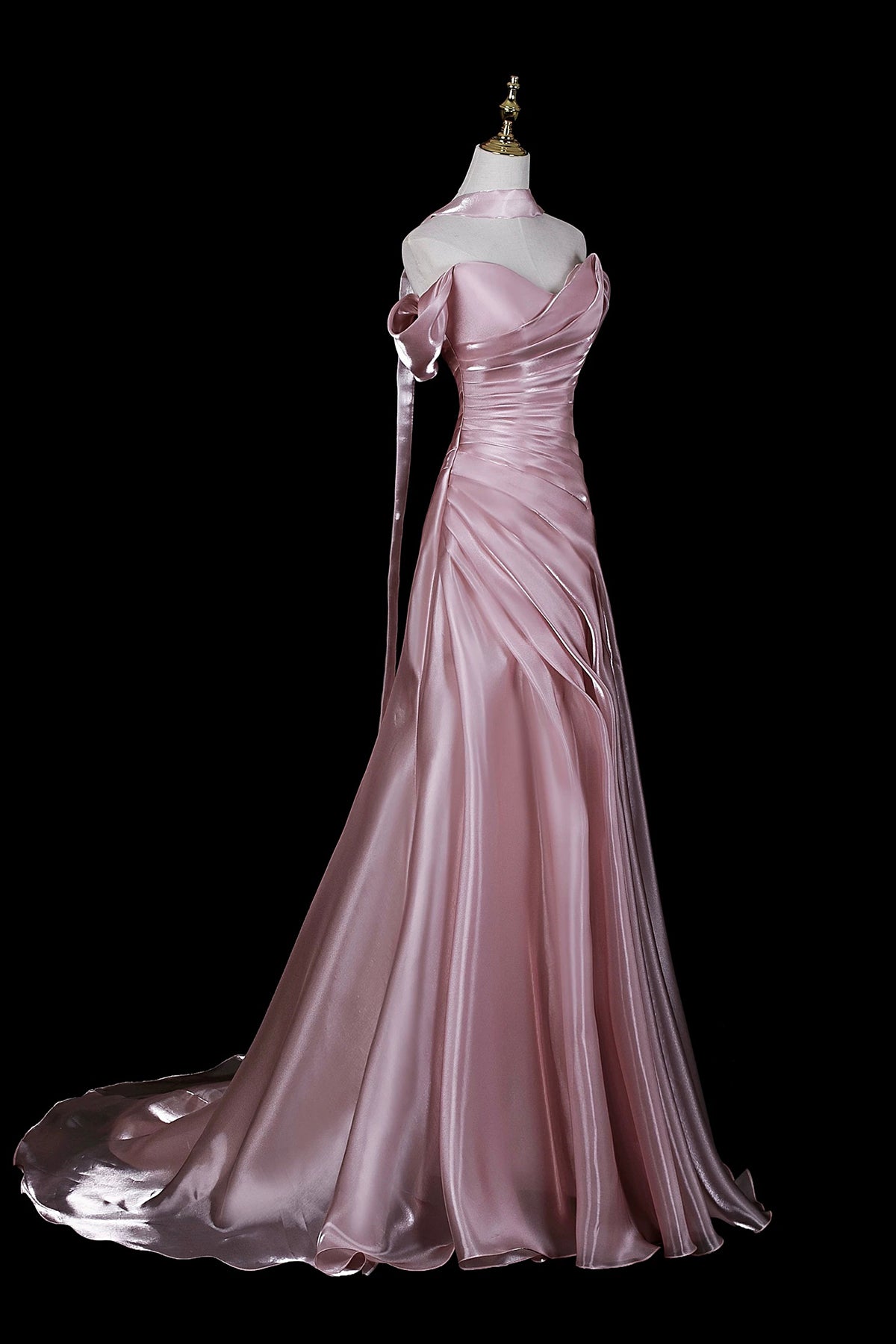 Dusty Pink Satin Off-the-Shoulder Mermaid Evening Gown with Train