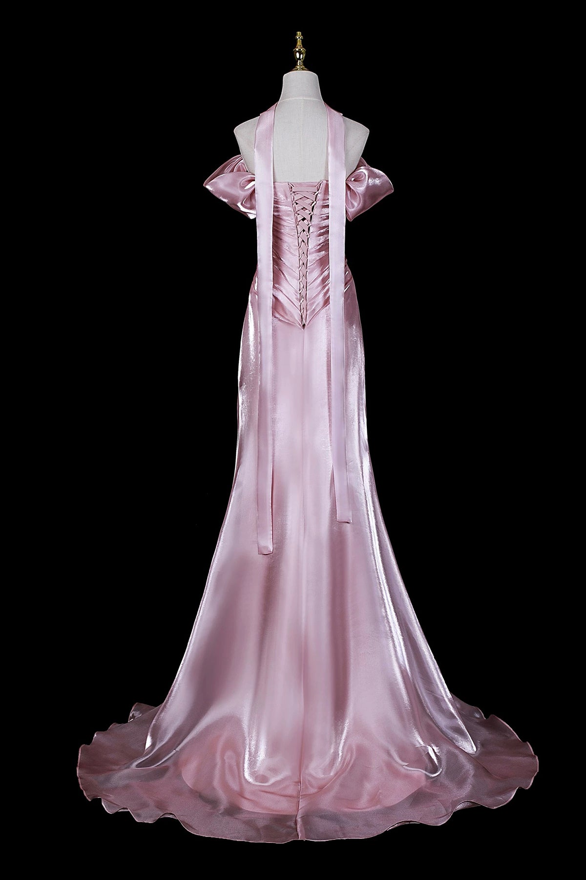 Dusty Pink Satin Off-the-Shoulder Mermaid Evening Gown with Train