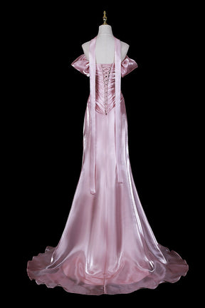 Dusty Pink Satin Off-the-Shoulder Mermaid Evening Gown with Train