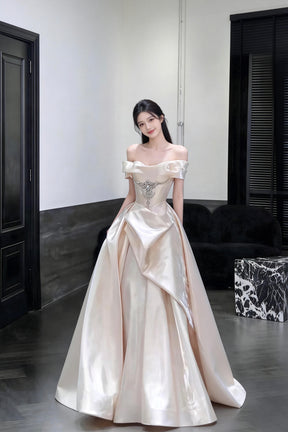 Champagne Satin Off the Shoulder Princess Dress Luxury Crystal Evening Gown