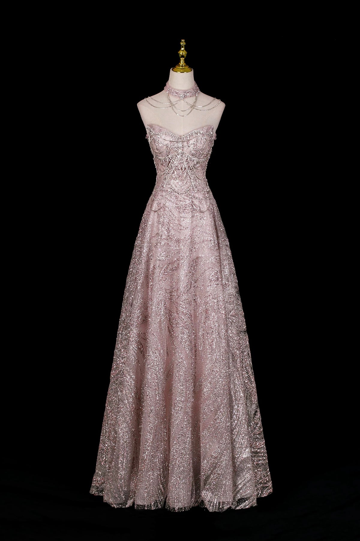 Pink Glitter Off-the-Shoulder A-Line Prom Dress with Tulle Sleeves