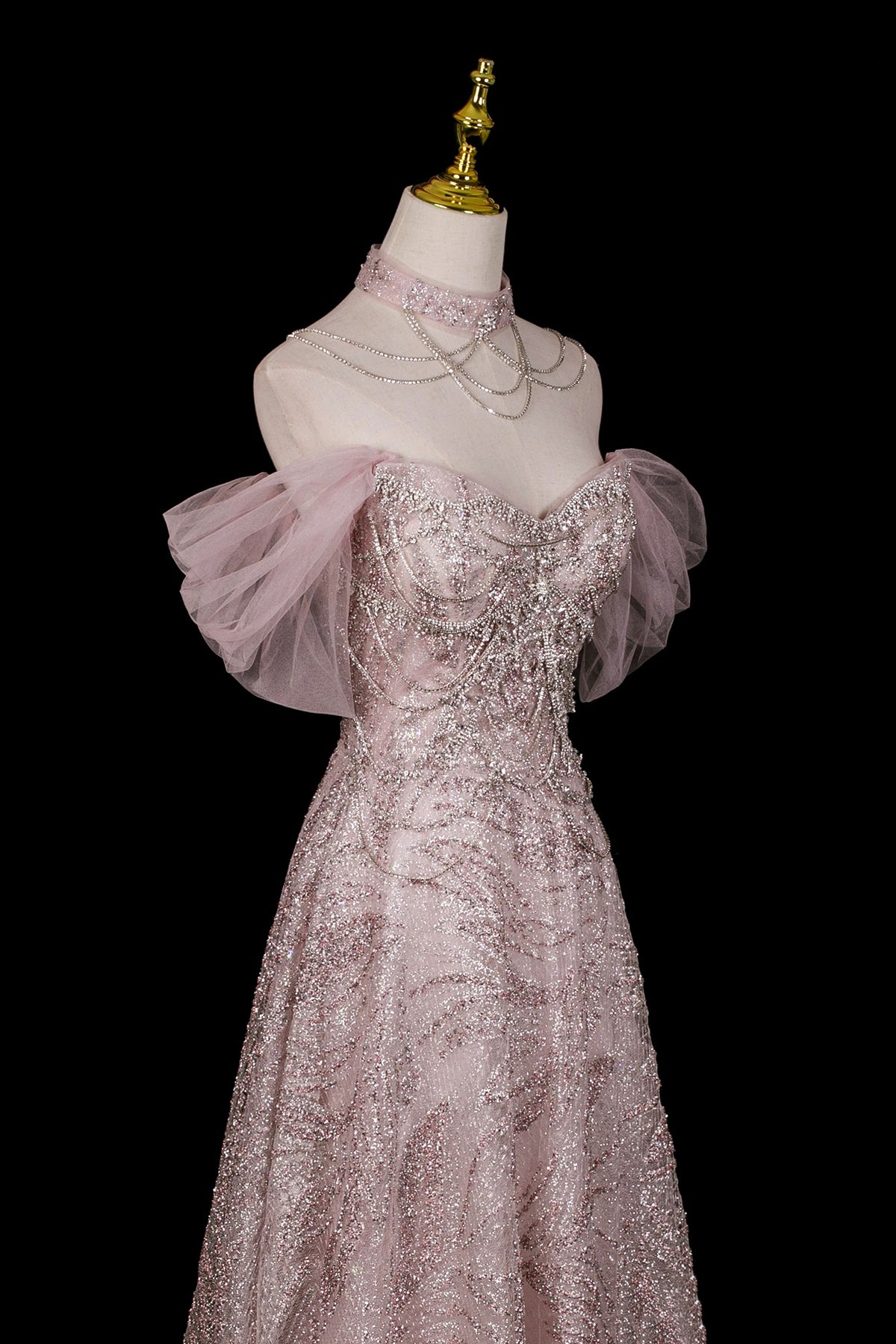 Pink Glitter Off-the-Shoulder A-Line Prom Dress with Tulle Sleeves