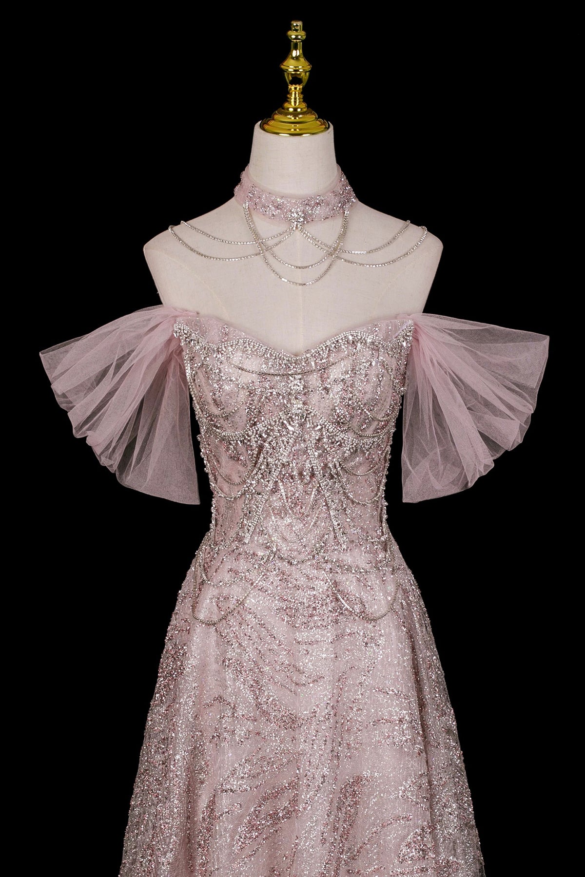 Pink Glitter Off-the-Shoulder A-Line Prom Dress with Tulle Sleeves