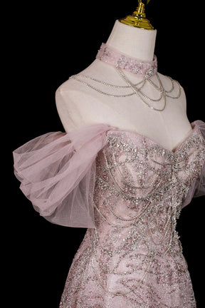 Pink Glitter Off-the-Shoulder A-Line Prom Dress with Tulle Sleeves