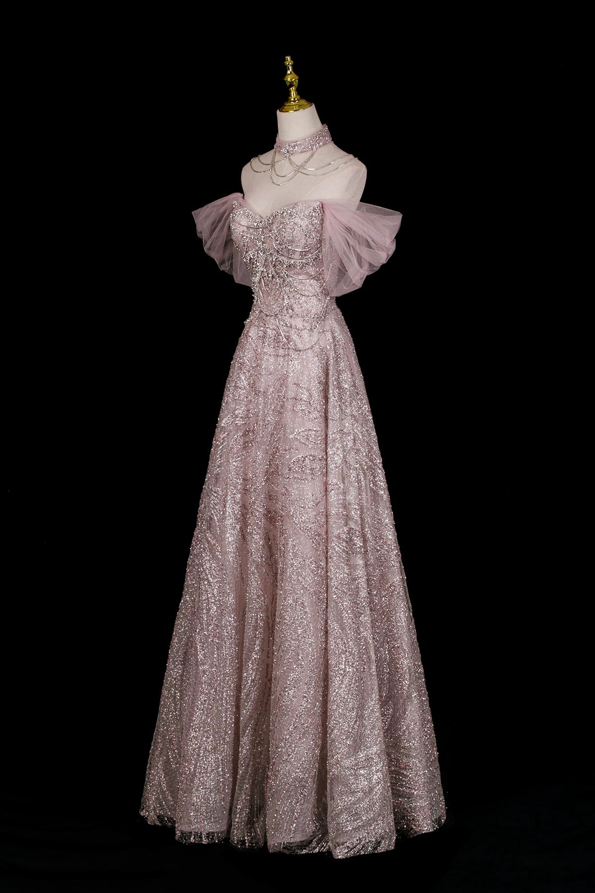 Pink Glitter Off-the-Shoulder A-Line Prom Dress with Tulle Sleeves